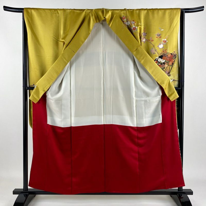 Japanese Silk Furisode Kimono M flower fan Mandarin duck gold and