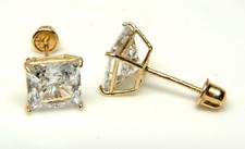 14K Solid Yellow Gold Square CZ Princess Cut Earrings 6mm