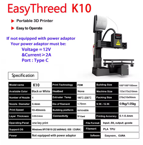 Mini Stampante 3D Easythreed K10 Compatibile con filamento PLA TPU da 1.75mm - Zdjęcie 3 z 7