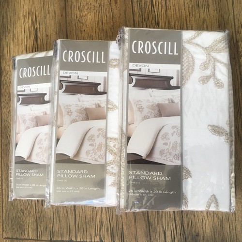 3 new CROSCILL DEVON Embroidered Standard Pillow Shams in Natural Ecru Neutral - Picture 13 of 14