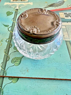 Sterling Silver Art Nouveau Lid Cut crystal Dresser jar / Powder jar 1920's