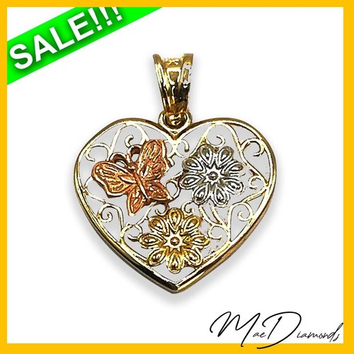 Butterfly and Flowers Heart Shaped Pendant in 14k Multi-tone Gold - Picture 3 of 4