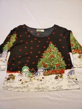 Collections Etc Womens Christmas Shirt XL Christmas Tree 3/4 Sleeve Black And...