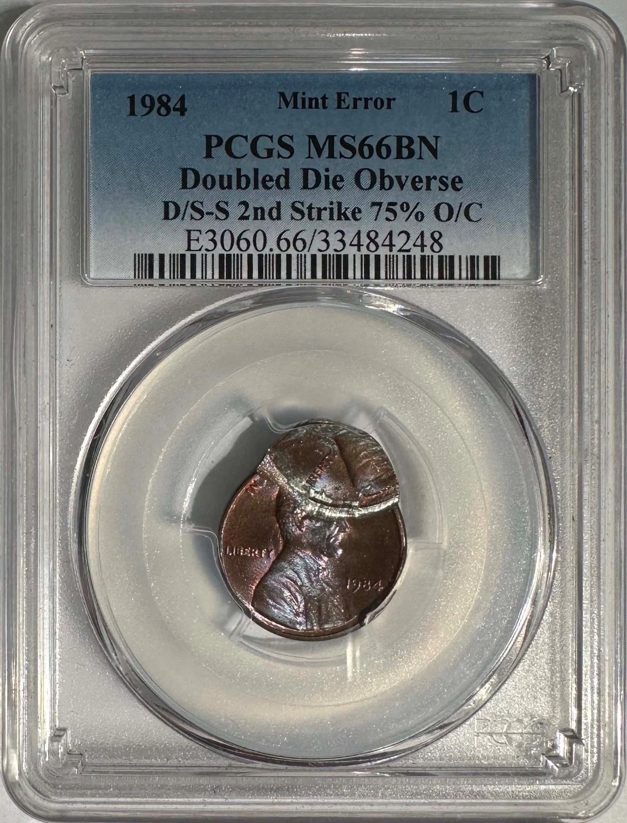 UNIQUE 1984 Lincoln Cent Doubled Die Obv Double Struck 75% Off-Center PCGS MS 66