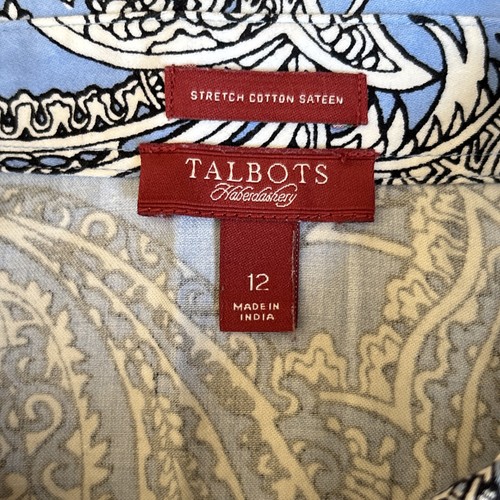 TALBOTS Stretch Baumwollsatin PAISLEY Bluse Hemd Knopf BLAU CREME GRÖSSE 12 LESEN - Bild 8 von 11