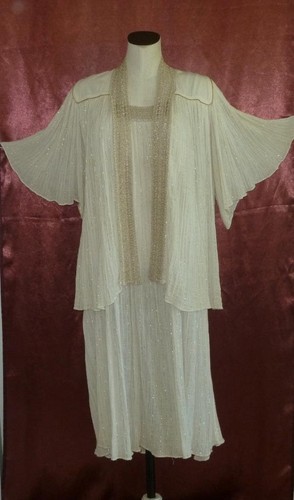 2-teiliges Vintage 70er griechisches Baumwollgaze Lurex Häkelkleid & Swing Jacke Topper Einheitsgröße - Bild 2 von 24