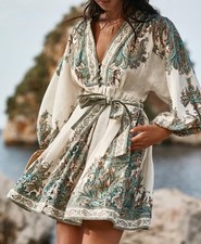 Zimmermann Dress Size 2/AU 12/US 8 Brighton Paisley Linen Mini Turquoise Paisley