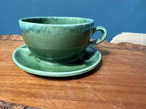Vintage Brush McCoy Pottery Planter – Green Drip Glaze Cup & Saucer Style