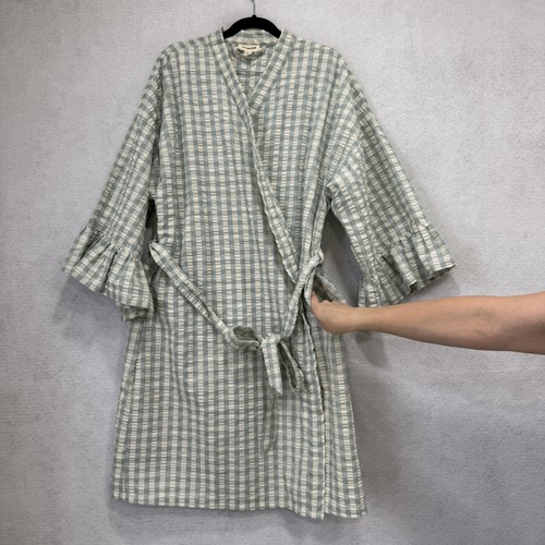 Open Edit Robe Womens 1X Green White Gingham Seersucker Belted Plus Size Kimono - Picture 8 of 9