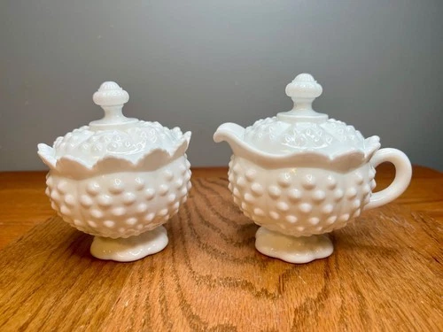 Vintage Fenton Hobnail Milk Glass Scalloped Cream and Sugar Set with lids