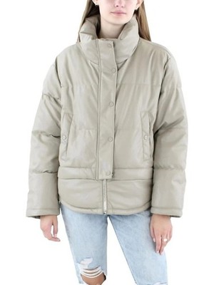 DKNY Jeans Short Puffer Jacket Faux Leather Womens Medium E3HDLP78 Tan Was $189
