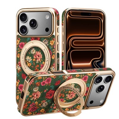For iPhone 17 Pro Max 16 15 14 13 Luxury Flower Leather+PC Mag Safe Stand Case