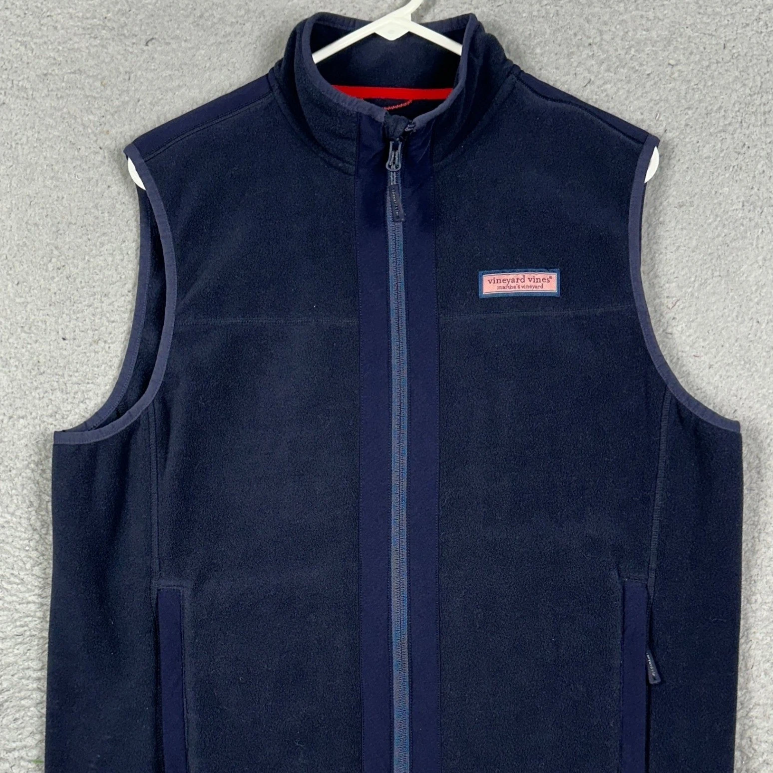 Vineyard Vines Fleece Vest Mens Medium Navy Blue Zipped Pocket Logo Full Zip EUC