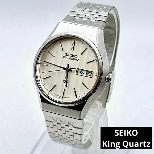 Seiko King Quartz Mens Watch Vintage Silver Day Date Wristwatch Classic