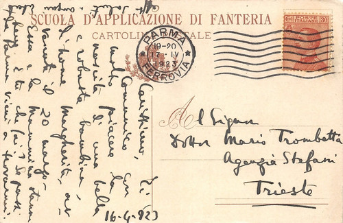 1996) CARTOLINA PARMA SCUOLA APPLICAZIONE FANTERIA VIAGGIATA 1923 TRIESTE - Picture 2 of 2