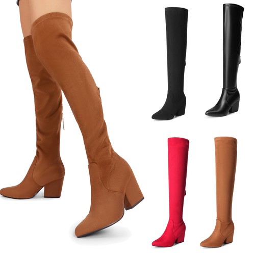 Damen Overknee Stiefel Spitz zulaufend Grob Blockabsatz Overknee Sexy Boots