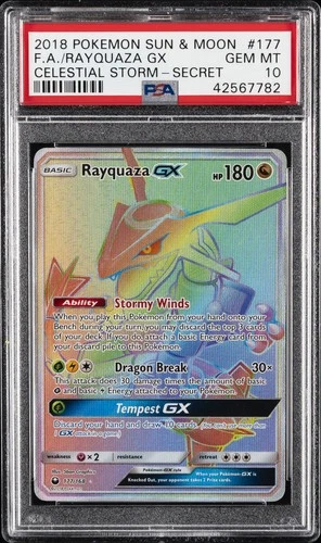 2018 POKEMON SUN & MOON CELESTIAL STORM SECRET #177 FULL ART/RAYQUAZA GX PSA 10