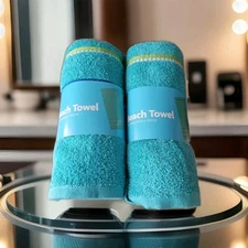 Lot Of 2 ~Sky Blue Beach Towel ~ 27in x 56in (68.58cm x 142.24cm) 100% Cotton
