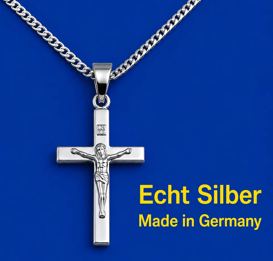 Kreuz Anhänger mit Kette Echt Silber 925 Jesus Kommunion Länge frei wählbar NEU