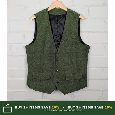 Unbranded Green Herringbone Waistcoat Wool Blend Smart Casual Country Mens Large