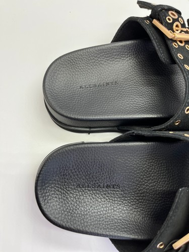 AllSaints Khai Sandal Size 7 Black Suede Double Strap Eyelet Chunky Slide - Picture 6 of 18