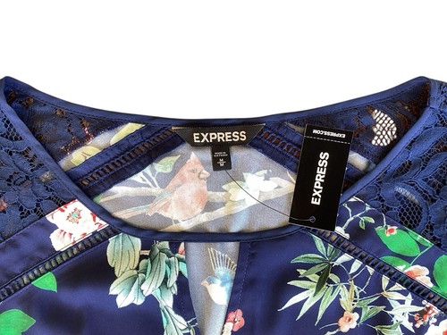 Express Tropical Floral Top Navy Blue Blouse Lace Flowers Birds Size Medium NWT - Picture 2 of 5