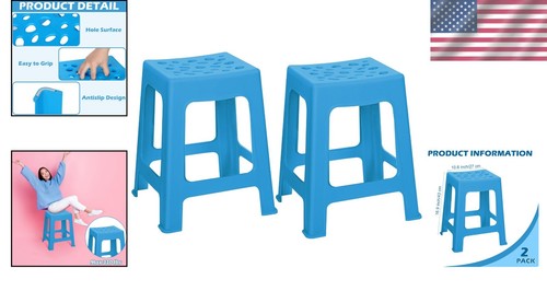 2 Pack Blue Stackable Plastic Stools - 16.9 Inch Versatile Seating Solution - Picture 2 of 9