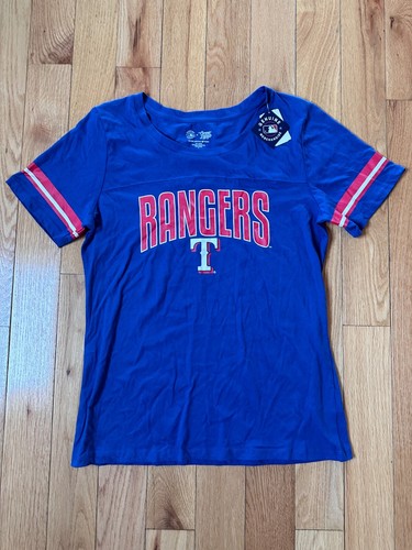 MLB Campus Lifestyle Texas Rangers Striped Sleeve T-Shirt Women L Pit to Pit 18"