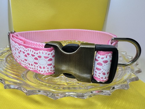 Large Handmade Heavy Duty Dog Collar Pink With White Lace Print NEW