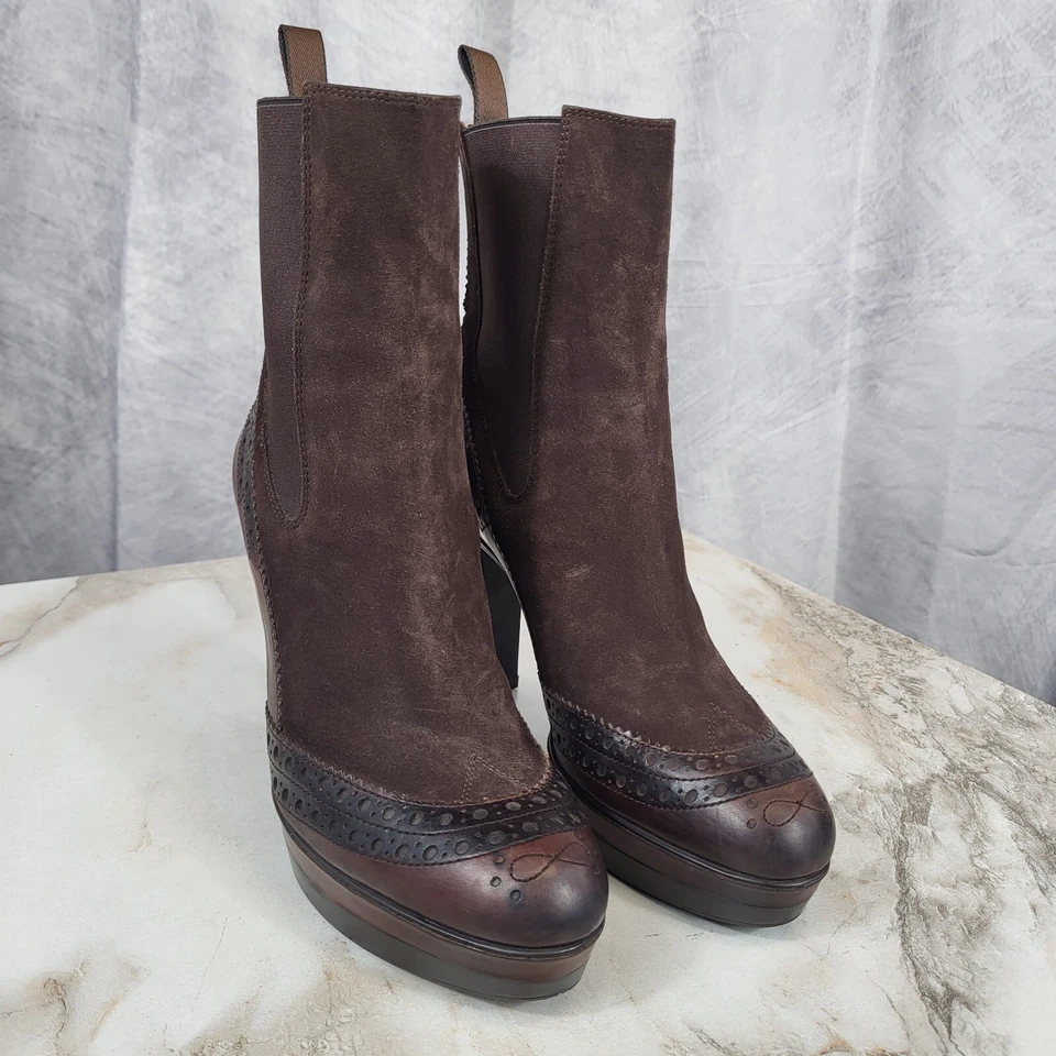 Botas Chelsea Santoni Punta de Ala Gruesas Tacón Alto Plataforma Para Mujer Talla 8 Marrón Foto 2 de 4