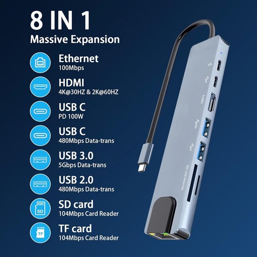 USB-C Hub 8-IN-1 Adapter 4K HDMI USB 3.0 LAN RJ45 Ethernet Micro SD Kartenleser - Bild 4 von 10