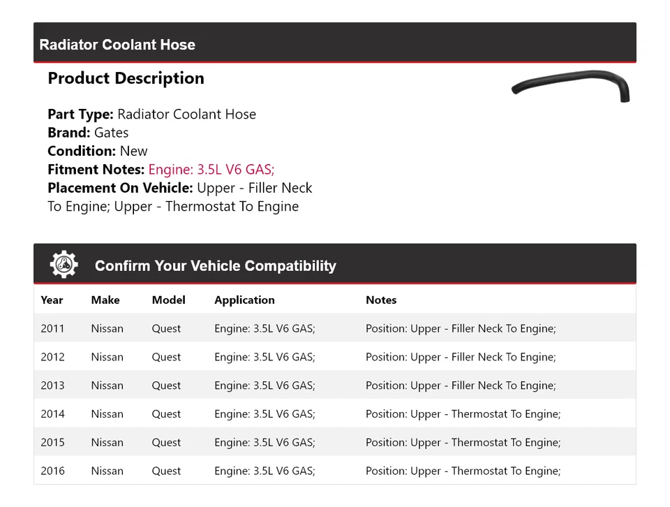 Para Nissan Quest 2011-2016 3,5 L V6 gas radiador refrigerante manguera puertas 2012 2013 Foto 2 de 4