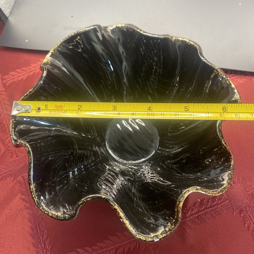 Pottery Ami Wavy Bowl/ Candy Dish Vintage Black W/ Gold Rim - Picture 6 of 8