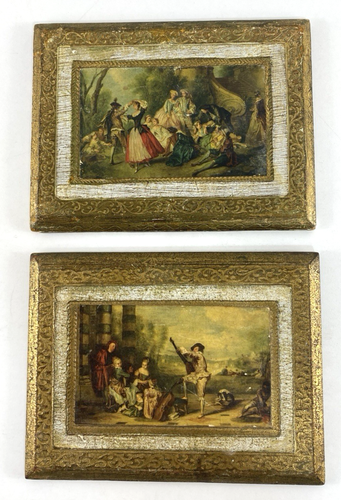 2 Vtg Florentine Style Wall Art Plaques Pictures Wood Italy MCM Gold 8" x 6" - Picture 1 of 8