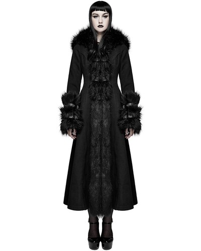 Devil Fashion Womens Long Gothic Lolita Hooded Winter Coat Jacket Black Faux Fur - Picture 3 of 24