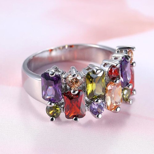Regenbogen mystischer Morganit Peridot Amethyst Granat Edelstein Silber Damenring Größe 6-10 - Bild 1 von 5