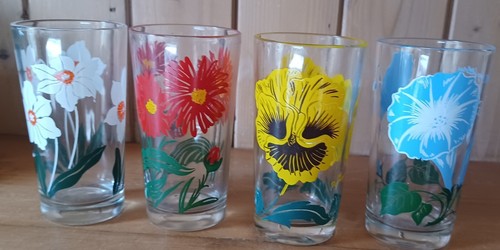 (4) Vintage Boscul Peanut Butter Glasses Tumblers Morning Glory, Pansy, & More - Picture 5 of 8