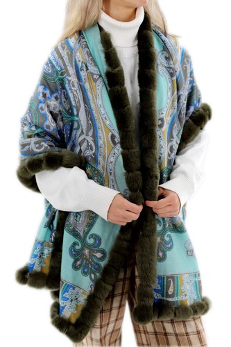 La Fiorentina Paisley Print 100% Wool Wrap with Rex Fur Trim - Olive - Picture 3 of 5