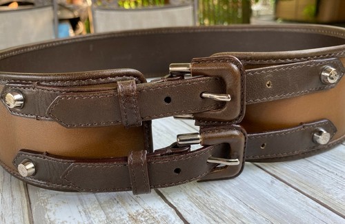 BURBERRY LEATHER BROWN WIDE DOUBLE BUCKLE BELT. - Picture 1 of 8