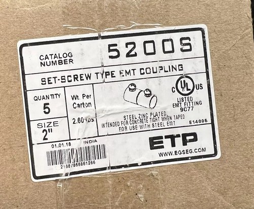 EGS ETP 5200S 2" Set Screw Type EMT Couplings (5) per Box Electrical Conduit - Picture 2 of 2
