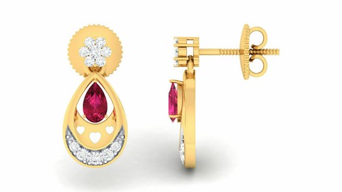Pave 1 TCW Round Brilliant Cut Diamonds Ruby Dangle Earrings In 585 14Karat Gold - Picture 2 of 12