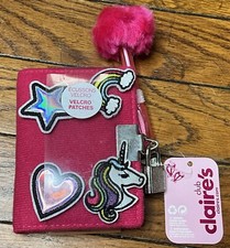 Claires Club Journal Diary Unicorn Rainbow Patches Pen Lock and Key Pink NEW
