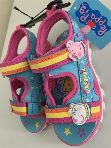 Peppa Pig Toddler Girls Sandals Slippers Shoes BESTIES Blue Pink Stars Size 11 - Picture 2 of 6