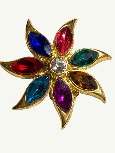 Gold-Tone Multicolor Gem Flower Clip-On Vintage Earrings - Picture 3 of 9
