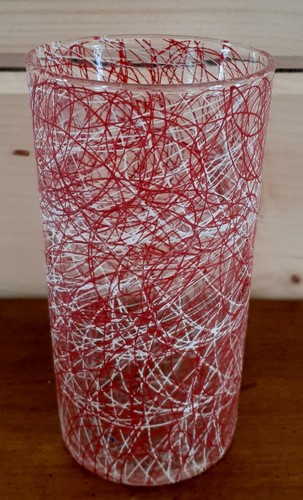 Vintage MCM Spun Red White Swirl Color on Clear Glass Tumbler 4 3/4