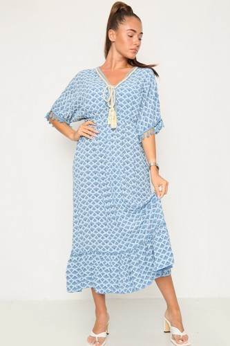 New Summer Casual Lightweight V Neck Tassel Tie Elegant Long Maxi Dress Kaftan - Picture 19 of 56