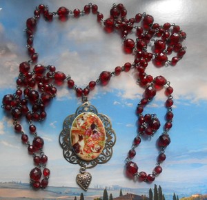 Joli collier sautoir ancien Art Deco vintage perles grenat Camée Chats