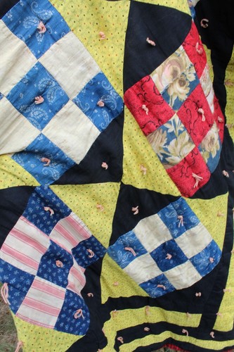 65 X 75 1800s Antique Quilt Cotton Pieced 9 Patch Tied Chrome Yellow Shirting - Picture 6 of 12