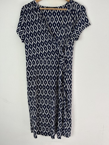 Wostalagic Charm Women’s Size XL Wrap Dress Diamond Print Nautic Blue White - Picture 3 of 8