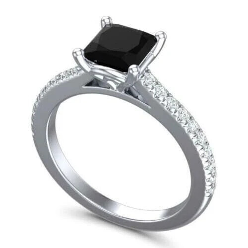 2ct Black Lab Created Princess Cut Solitaire wedding Ring 14k white Gold Plated - Picture 2 of 8